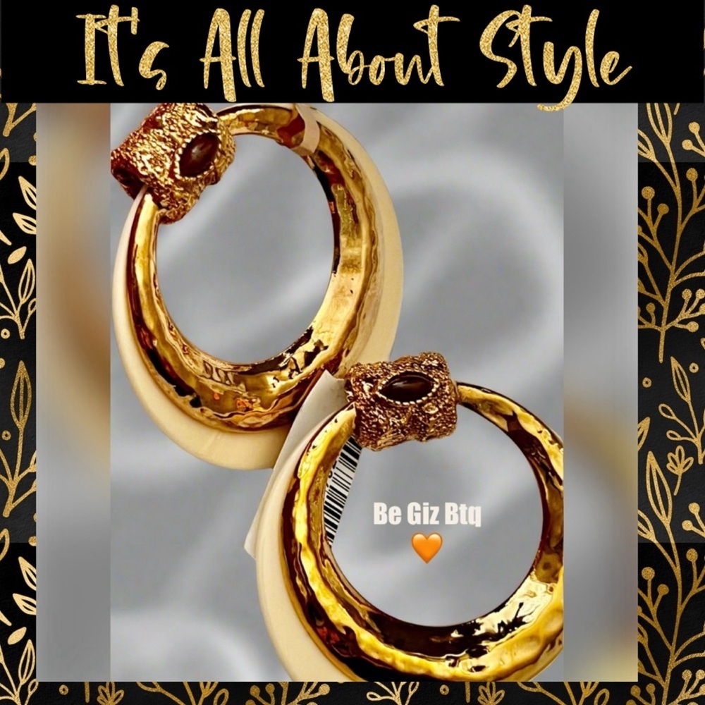 🔥🔥Gas Bijoux Authentic MeknesGold Plated Hoop Earrings Marquise Glass Cabochon